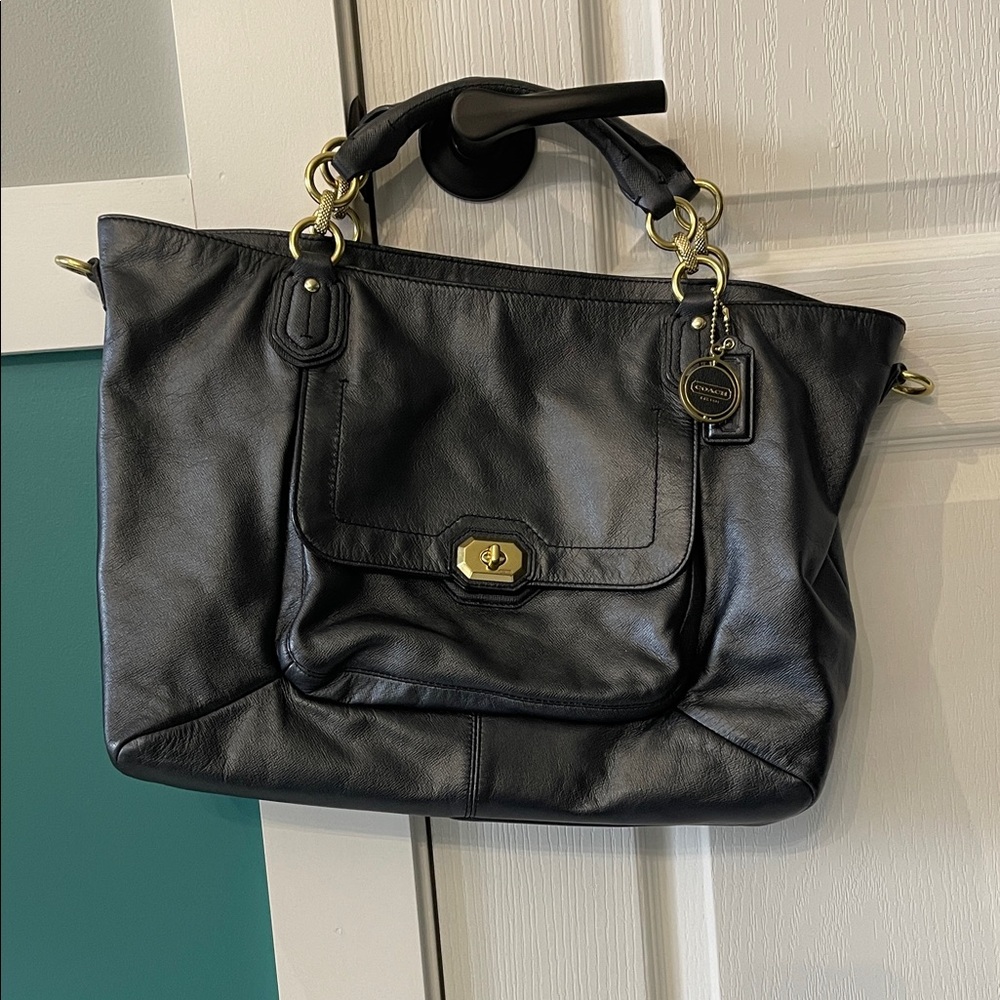 Coach Black Leather Tote with Gold Hardware